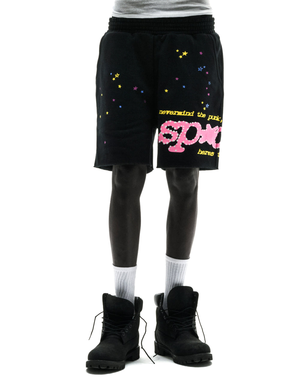Black PUNK V2 SWEATSHORT with pink SP5DER text, scattered stars, raw hem, and drawcord.