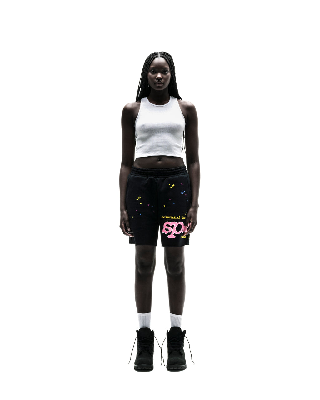 Black PUNK V2 SWEATSHORT with pink "SP5DER" text, scattered stars, drawcord, and raw hem.