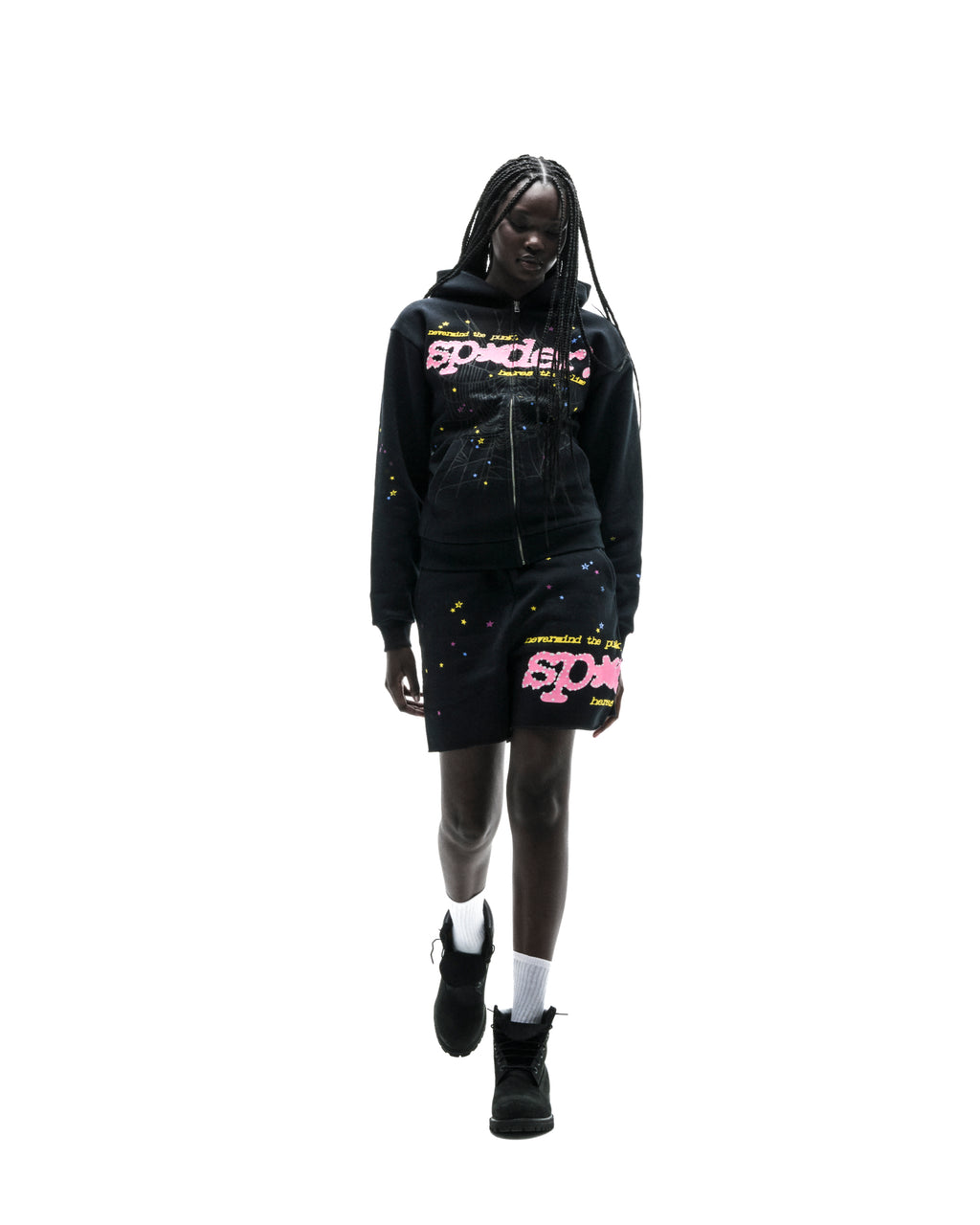 Black PUNK V2 zip-up hoodie and matching shorts with pink puff print and scattered stars.