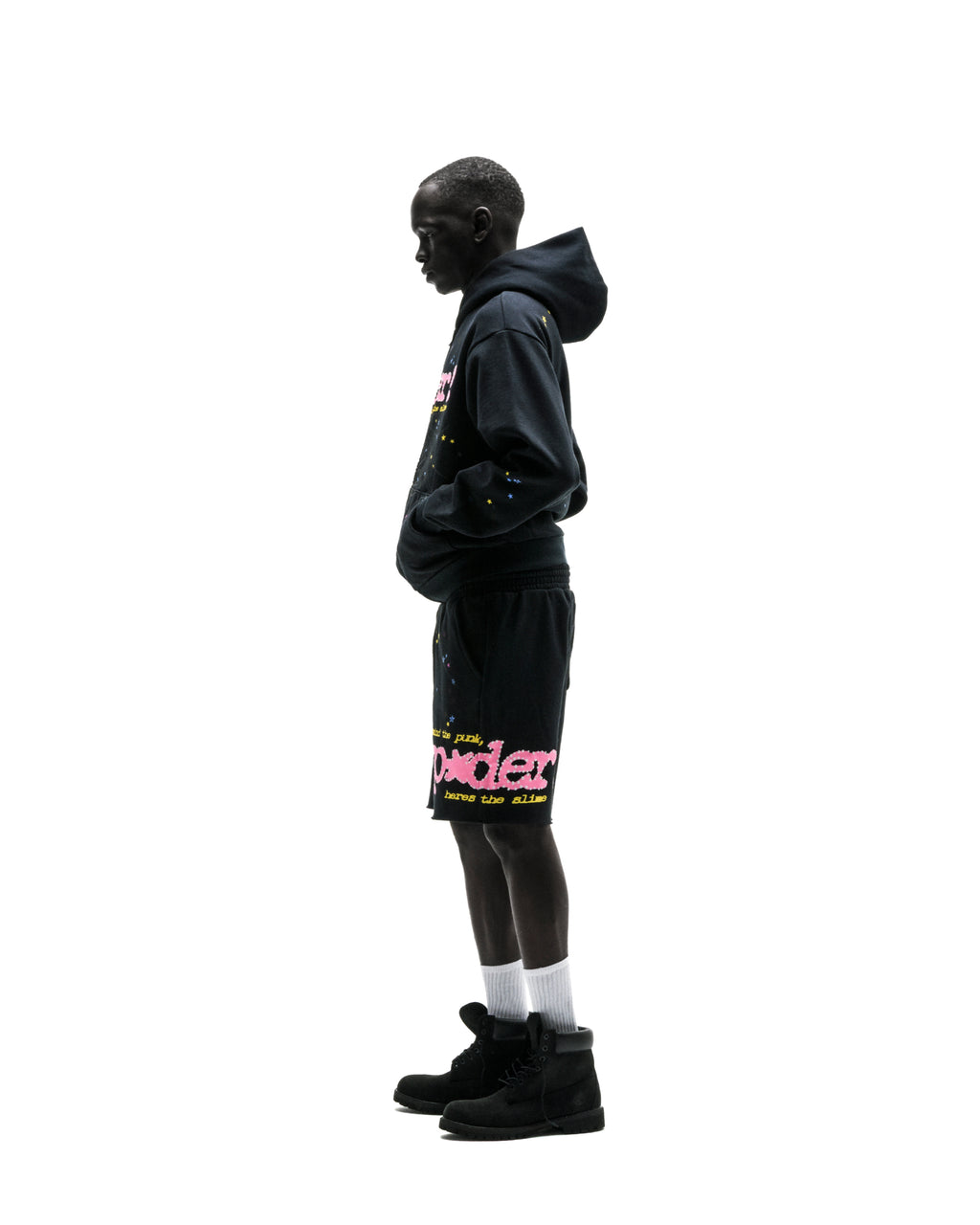 Black PUNK V2 zip-up hoodie and shorts set with pink puff print and scattered stars.