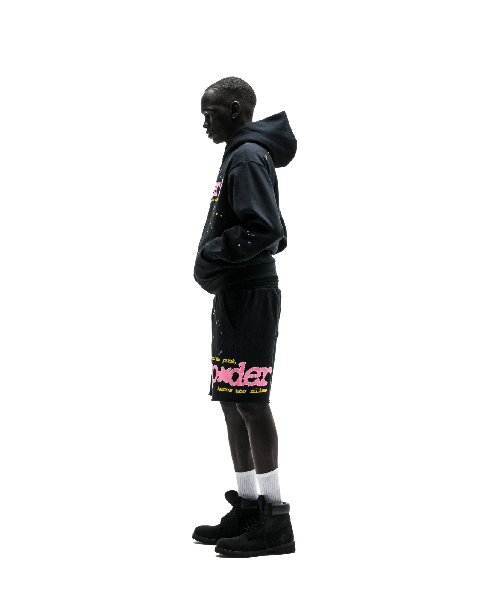 Black PUNK V2 zip-up hoodie and shorts set with pink puff print and scattered stars.