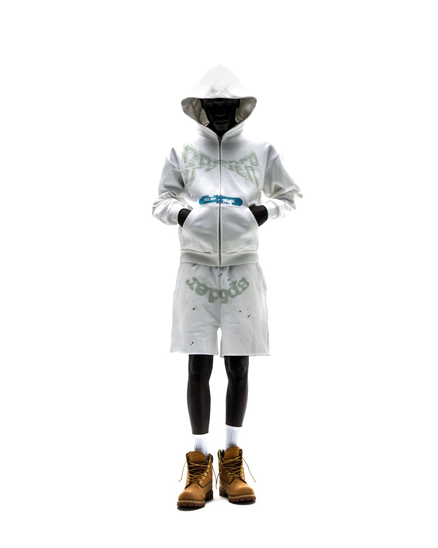 Model in white T&F ZIP UP hoodie and shorts set with puff print, discharge print, and scattered stars.