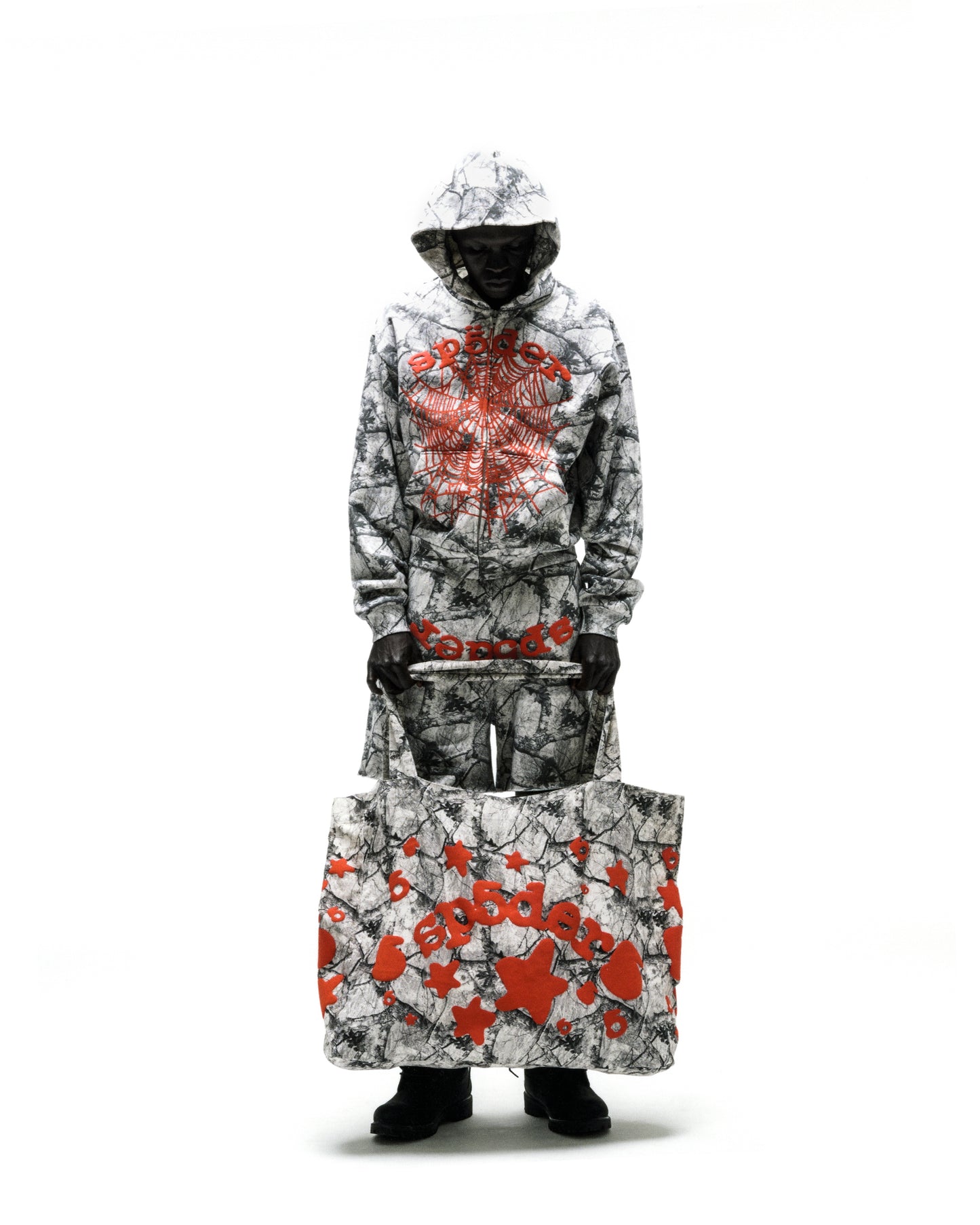 REALTREE BELUGA TOTE BAG, 8oz brushed twill with Real tree design and red Beluga graphic print.