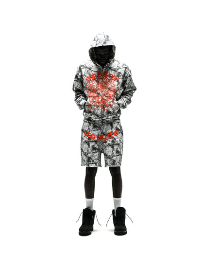 REALTREE OG WEB V2 ZIP HOODIE and matching shorts with red puff print on cotton fleece.