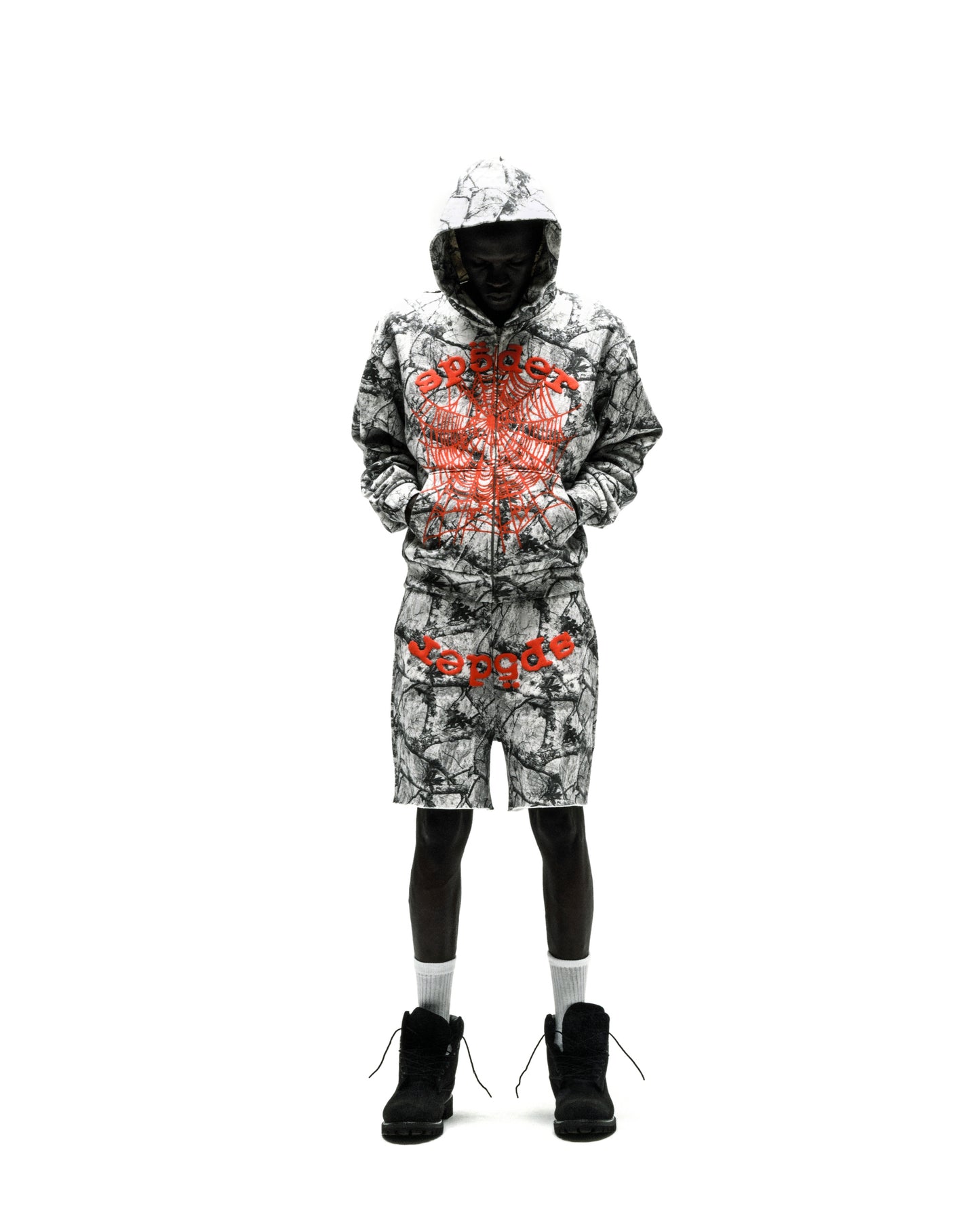 REALTREE OG WEB V2 SWEATSHORT and matching hoodie, 100% cotton brushed fleece with red OG text and spiderweb print.