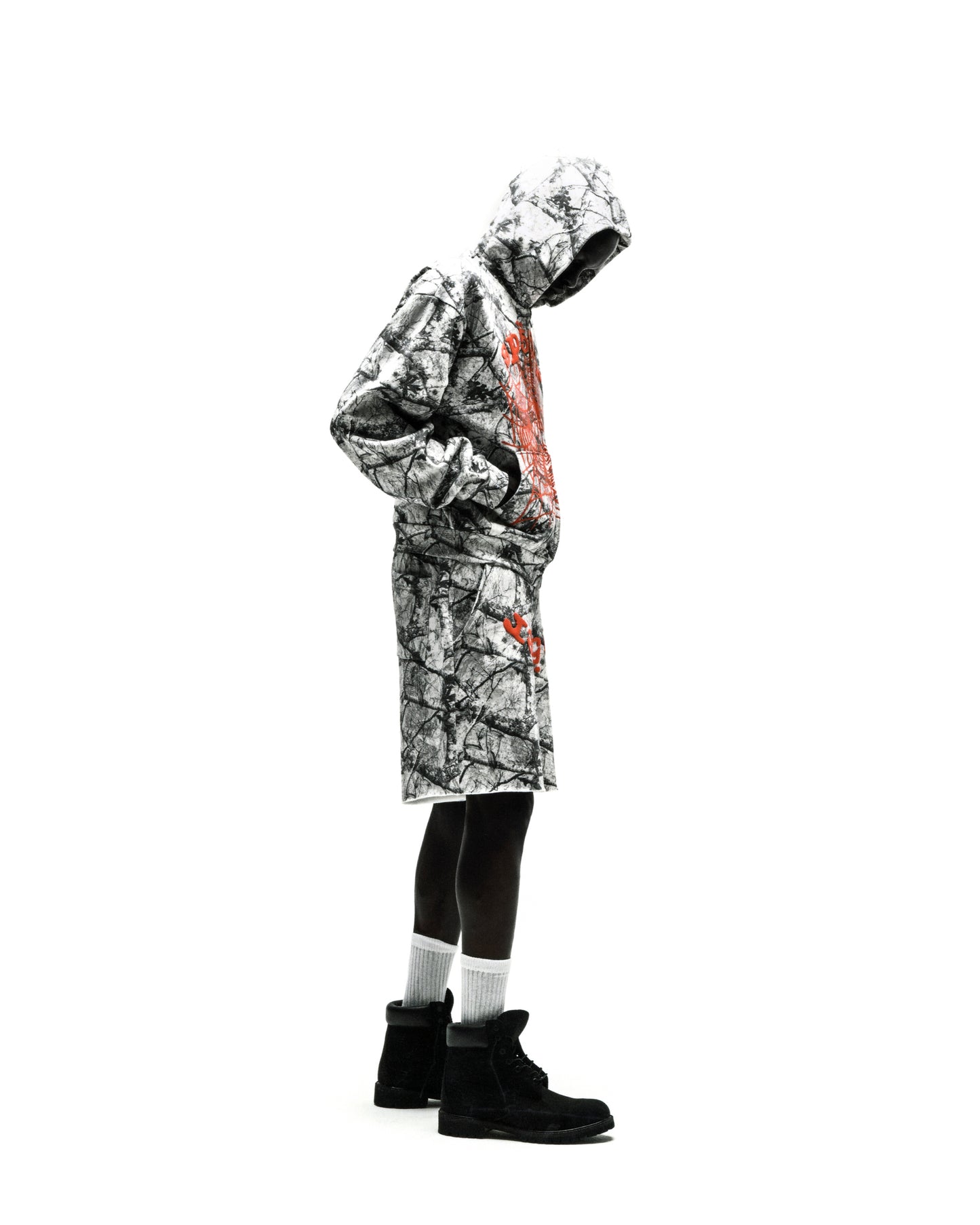 REALTREE OG WEB V2 ZIP HOODIE and matching shorts, white and grey camo with orange puff print.