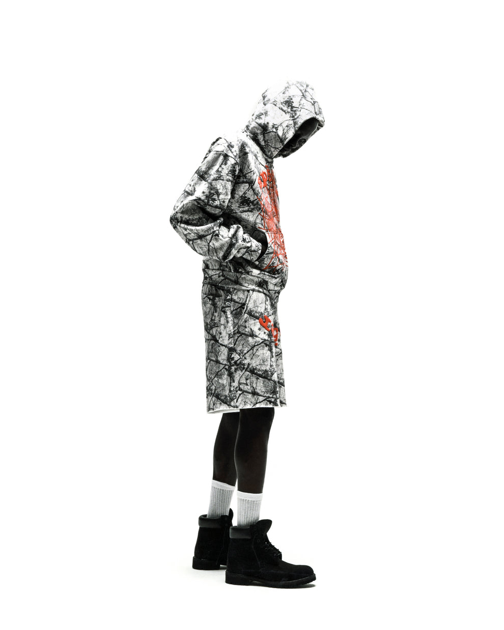 REALTREE OG WEB V2 ZIP HOODIE and matching shorts, white and grey camo with orange puff print.