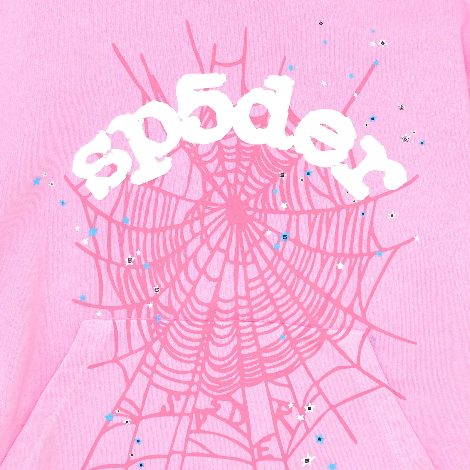 Pink OG WEB SP5DER hoodie with white puff print text and pink spider web design.