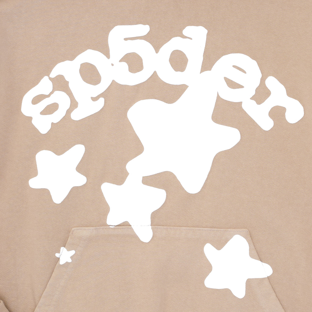 Sand Beluga Hoodie with white puff print "sp5der" text and stars, 23oz fleece.