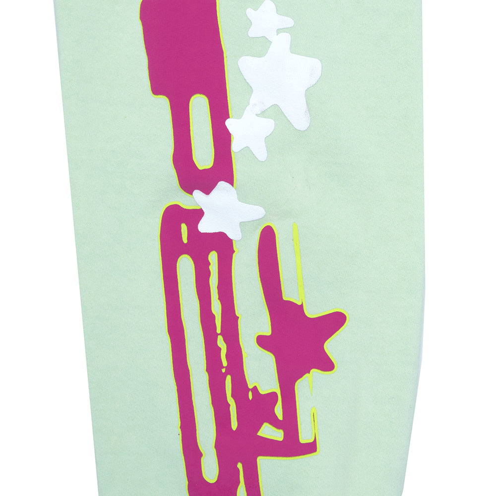 Mint green fleece sweatpant with pink puff print and white star discharge print.