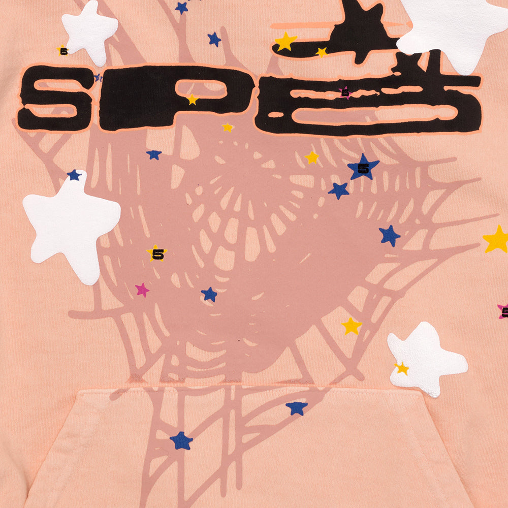 Peach SP5 Bellini Hoodie with black puff print SP5 text, web, and star designs.