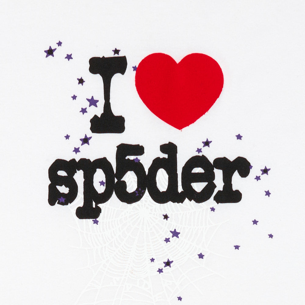 White cotton baby tee with "I ❤️ sp5der" graphic print, purple stars, and a subtle spiderweb design.
