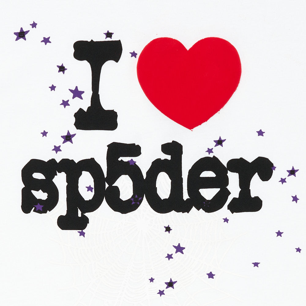 White cotton tee with "I ❤️ sp5der" graphic in black and red, surrounded by purple stars and subtle spiderwebs.