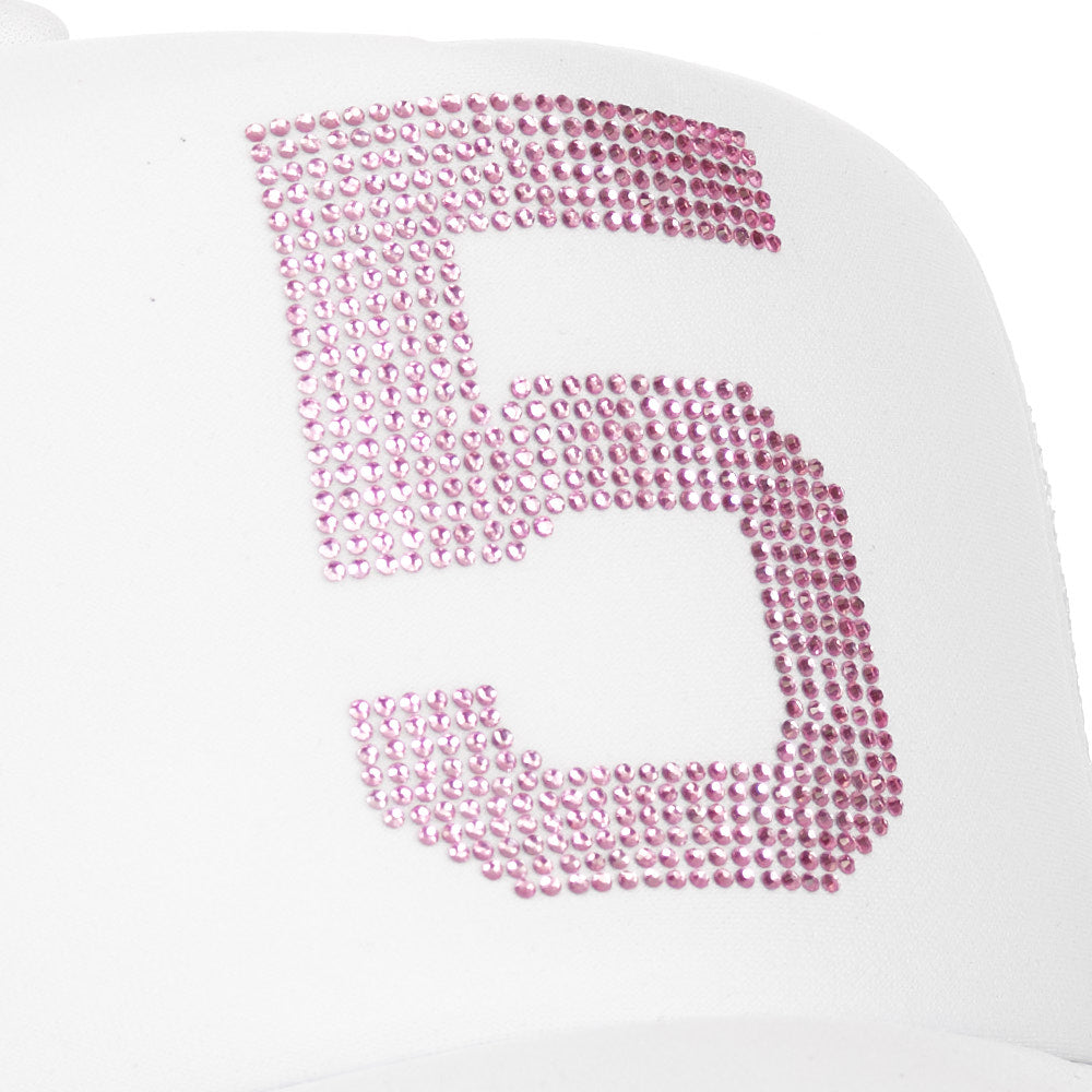 White 555 trucker hat with a large pink rhinestone "5" on the front.