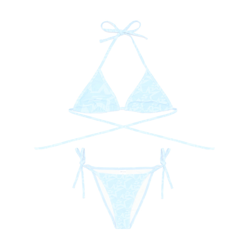 Light blue triangle bikini set with rope ties and subtle 5-star print.