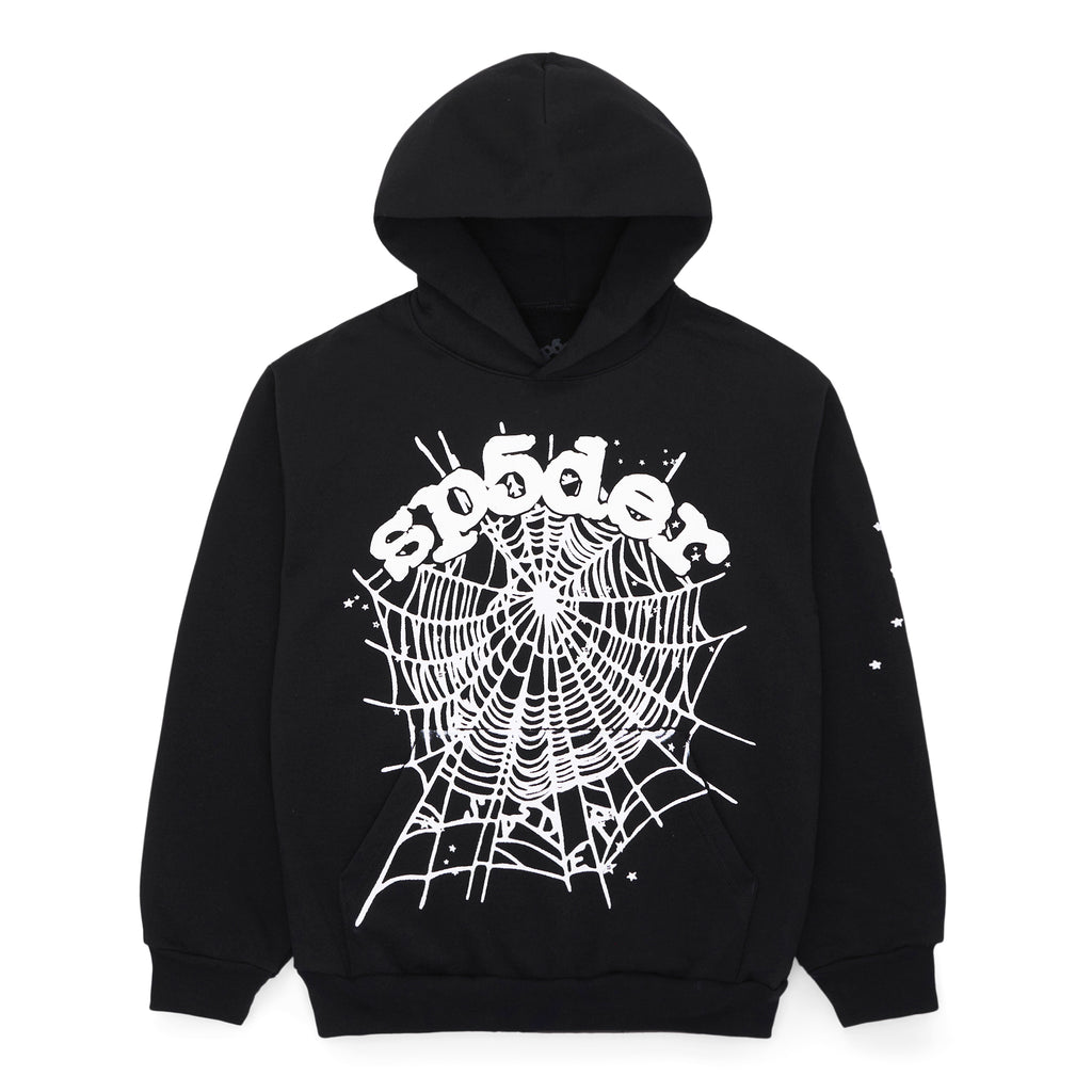 Black OG Web Hoodie with white puff print SP5DER text and spider web design.