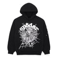 Black OG Web Hoodie with white puff print SP5DER text and spider web design.