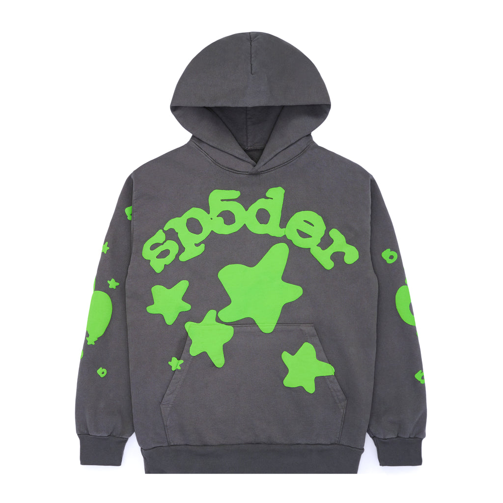 Slate grey Beluga hoodie with neon green "sp5der" text and star prints on front and sleeves.
