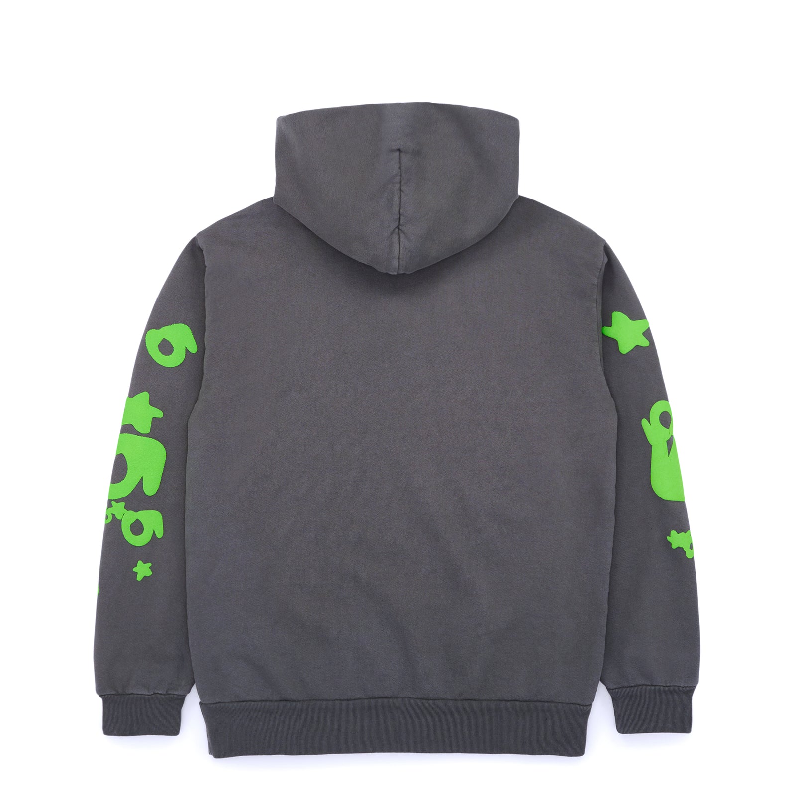 Slate grey Beluga hoodie, back view. Features bright green "SP5DER" and star puff prints on sleeves.