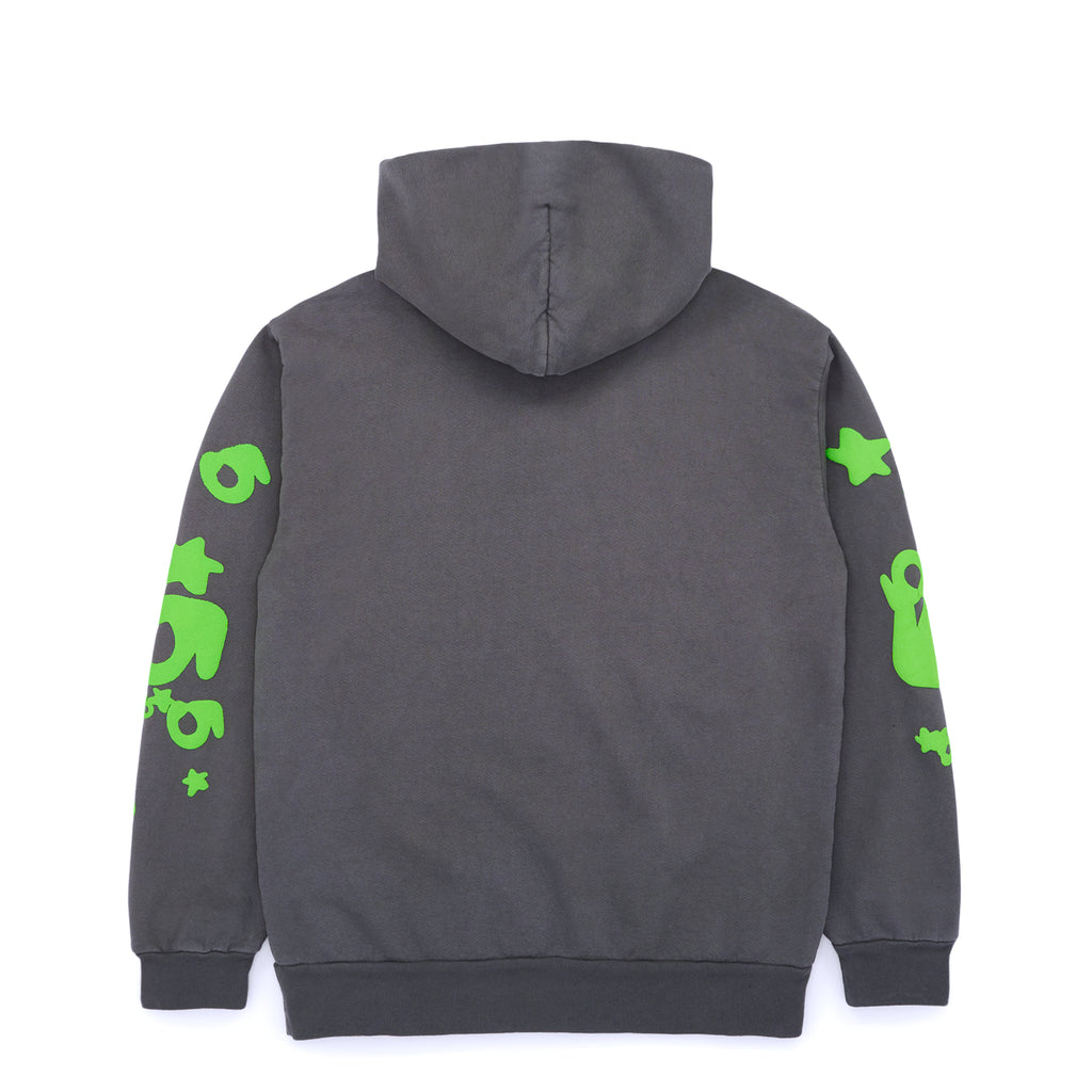 Slate grey Beluga hoodie, back view. Features bright green "SP5DER" and star puff prints on sleeves.
