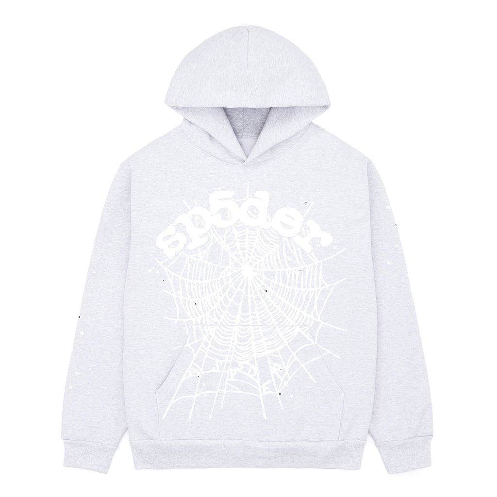 Heather Grey OG Web Hoodie with white puff print "sp5der" text and spider web design.