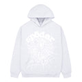 Heather Grey OG Web Hoodie with white puff print "sp5der" text and spider web design.