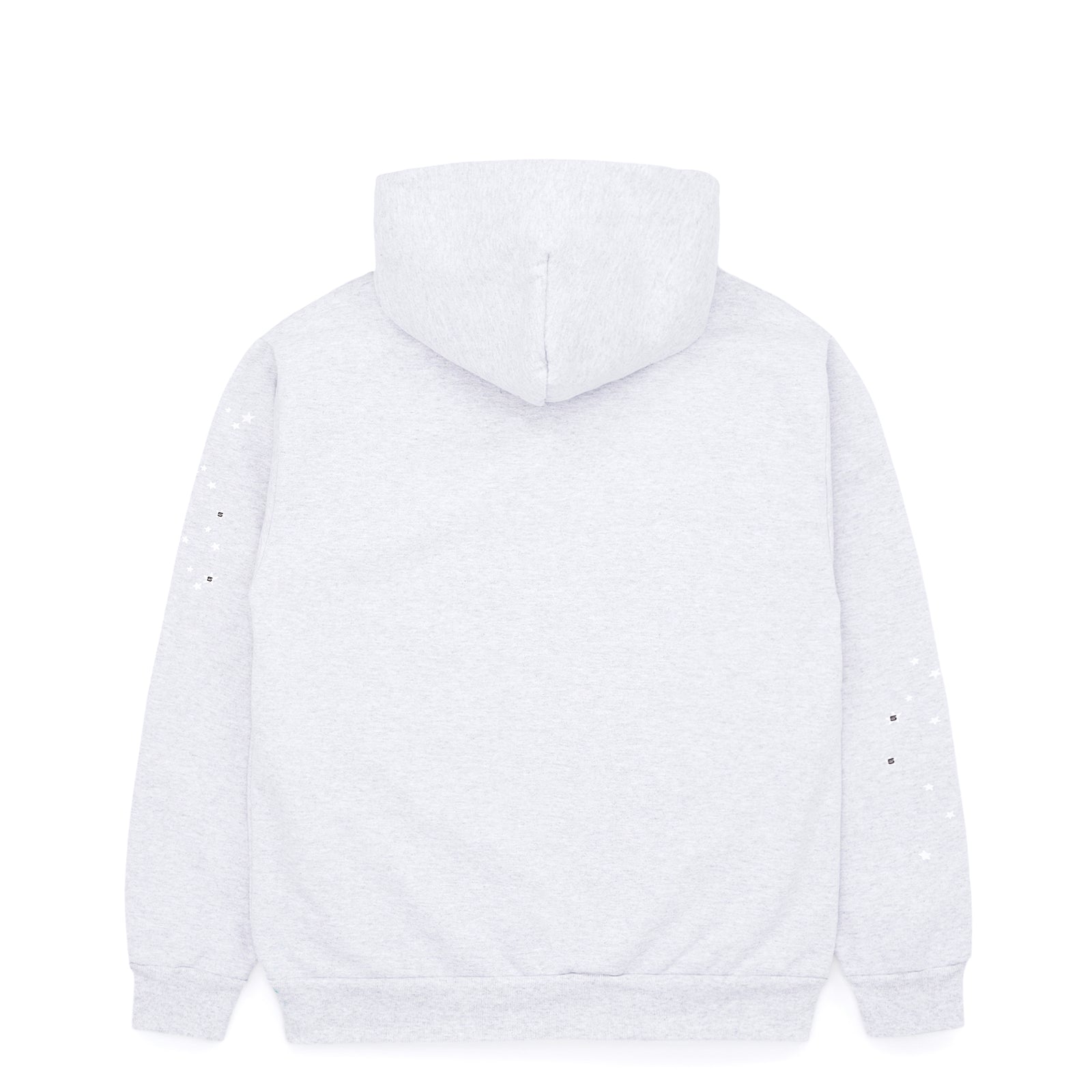 Heather Grey OG Web Hoodie, back view. 23oz fleece with subtle star and square prints on sleeves.