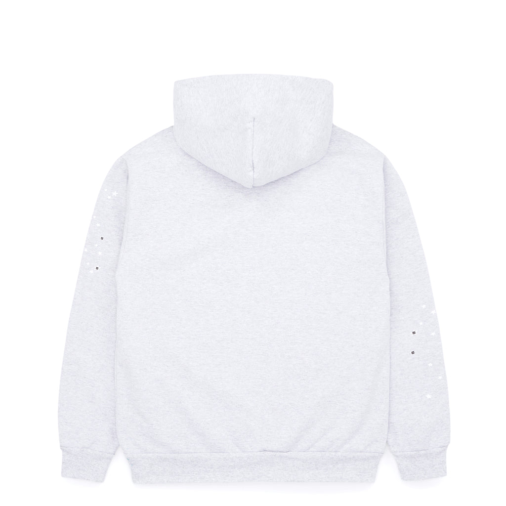 Heather Grey OG Web Hoodie, back view. 23oz fleece with subtle star and square prints on sleeves.