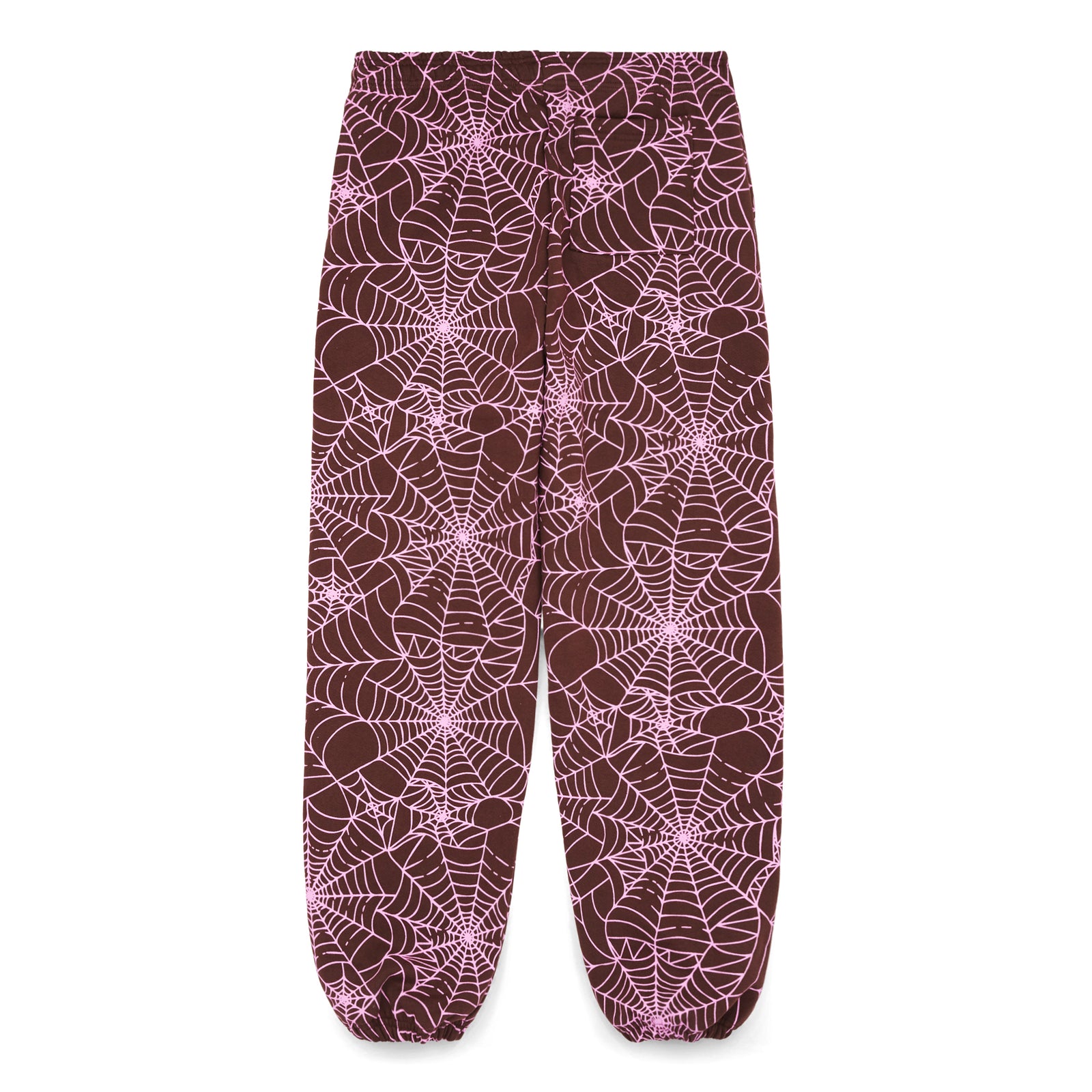 Brown fleece sweatpants with all-over pink cracked spider web print and small 'SP5DER' text.
