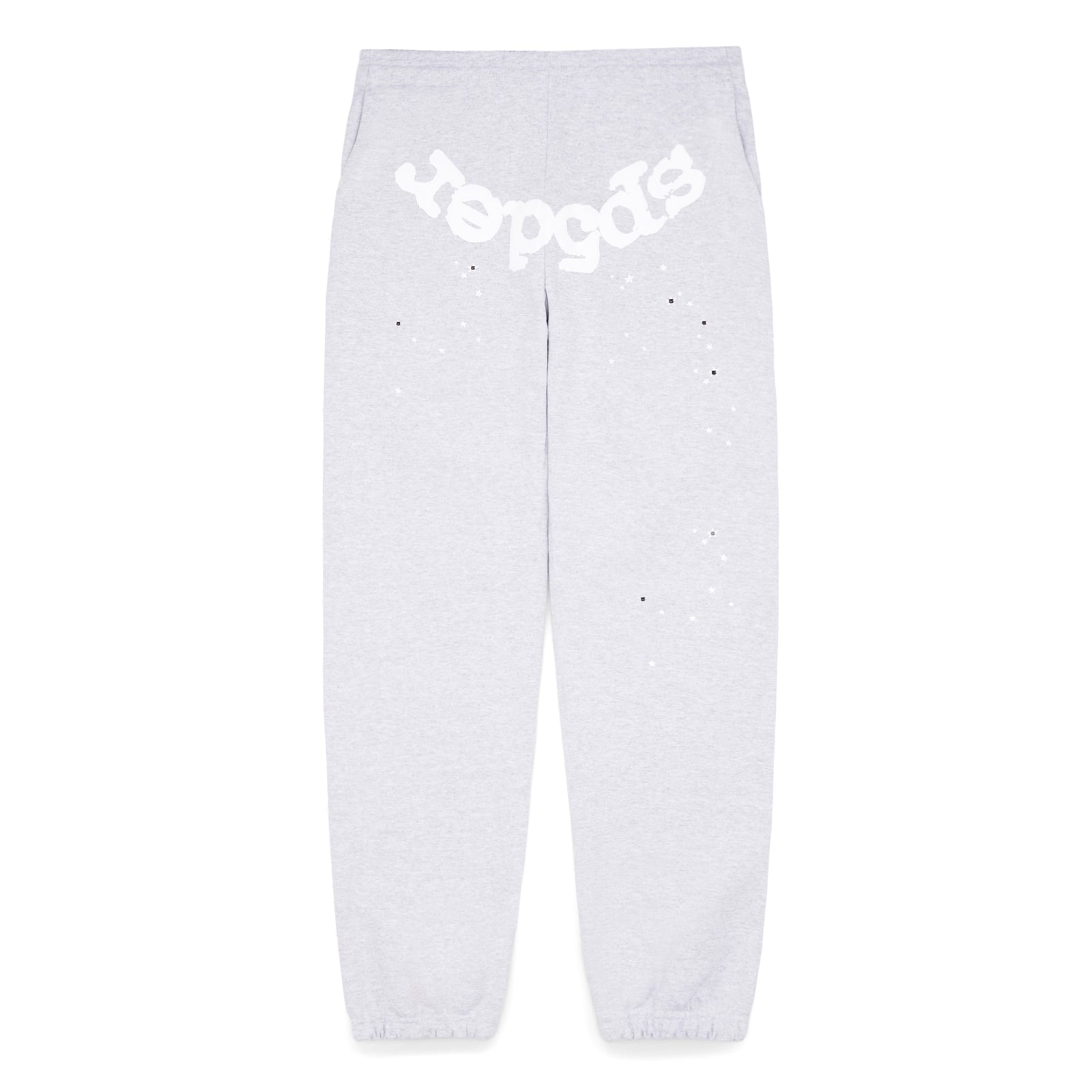 Heather Grey OG Web Sweatpant with white puff print "sp5der" text and scattered star print.