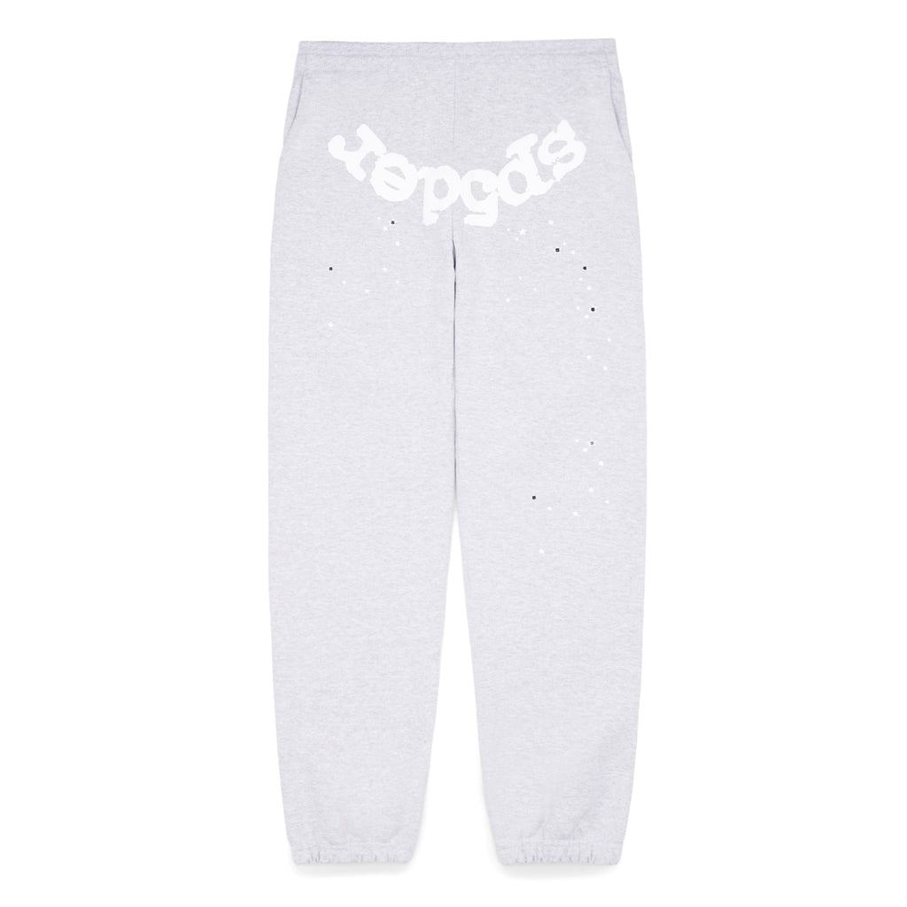 Heather Grey OG Web Sweatpant with white puff print "sp5der" text and scattered star print.