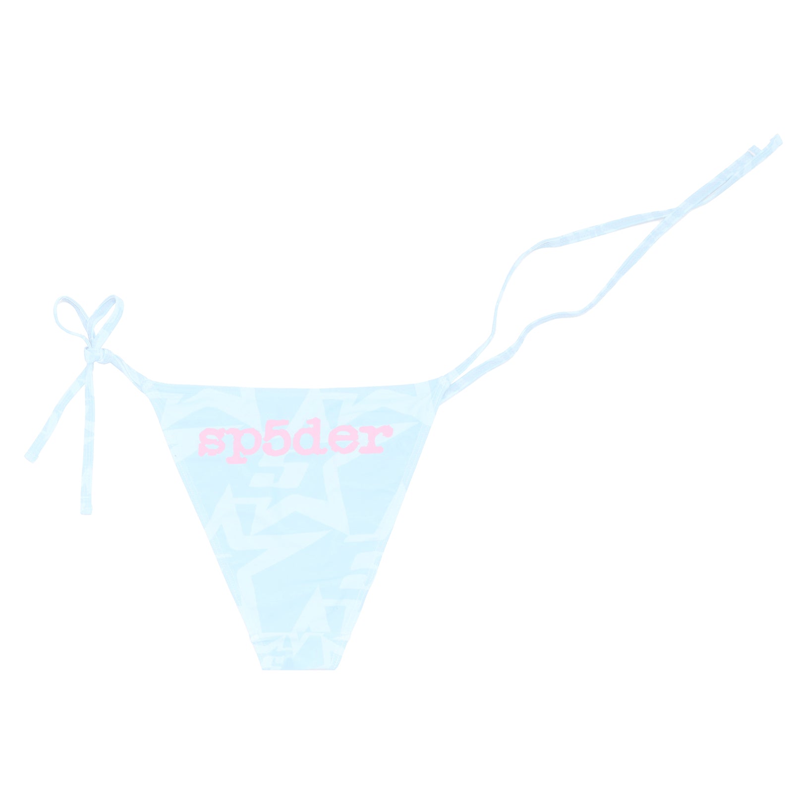 Light blue bikini bottom with pink "sp5der" logo and subtle star print, featuring rope ties.