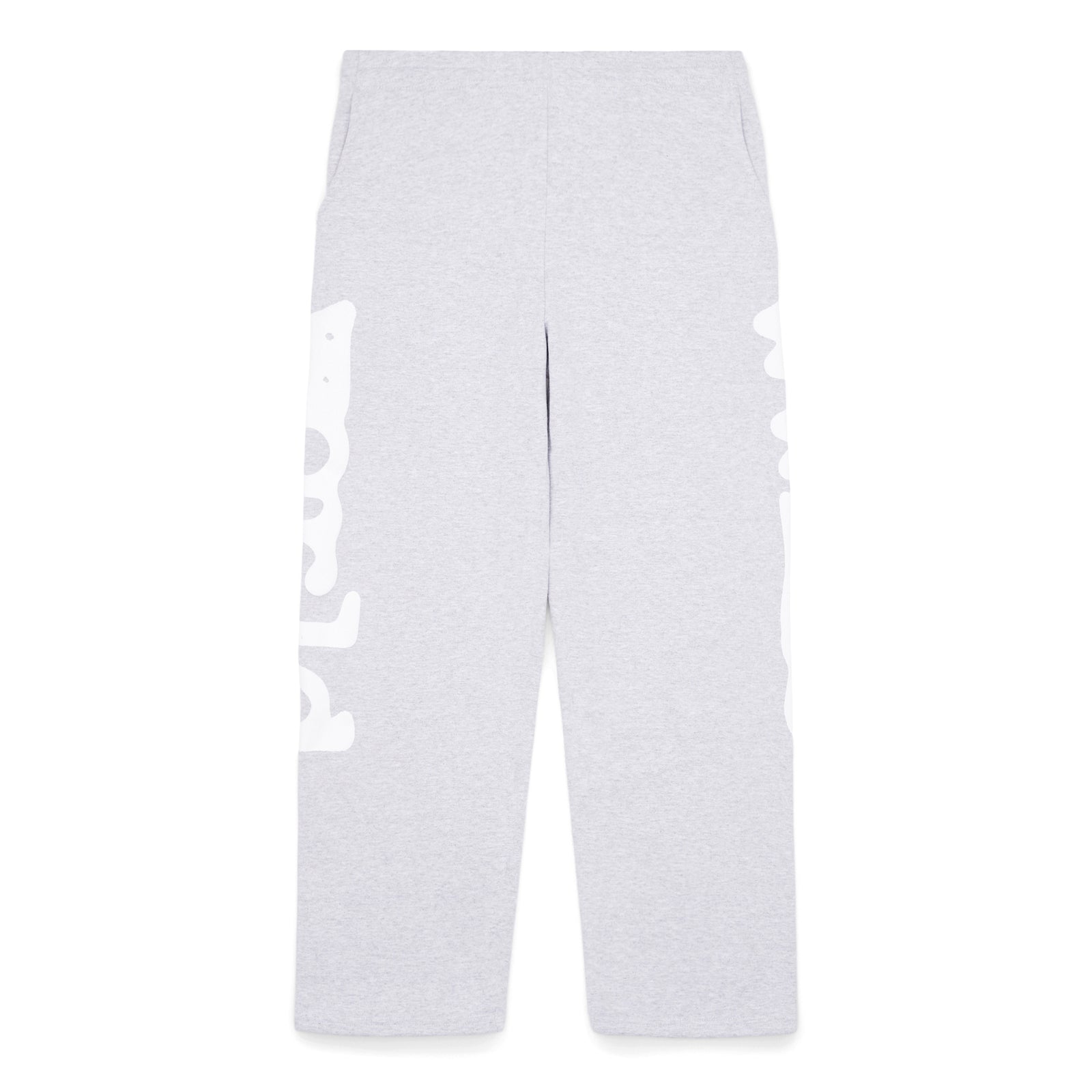 Light grey women's straight leg sweatpants with "Worldwide" puff print down both legs.