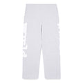 Light grey women's straight leg sweatpants with "Worldwide" puff print down both legs.