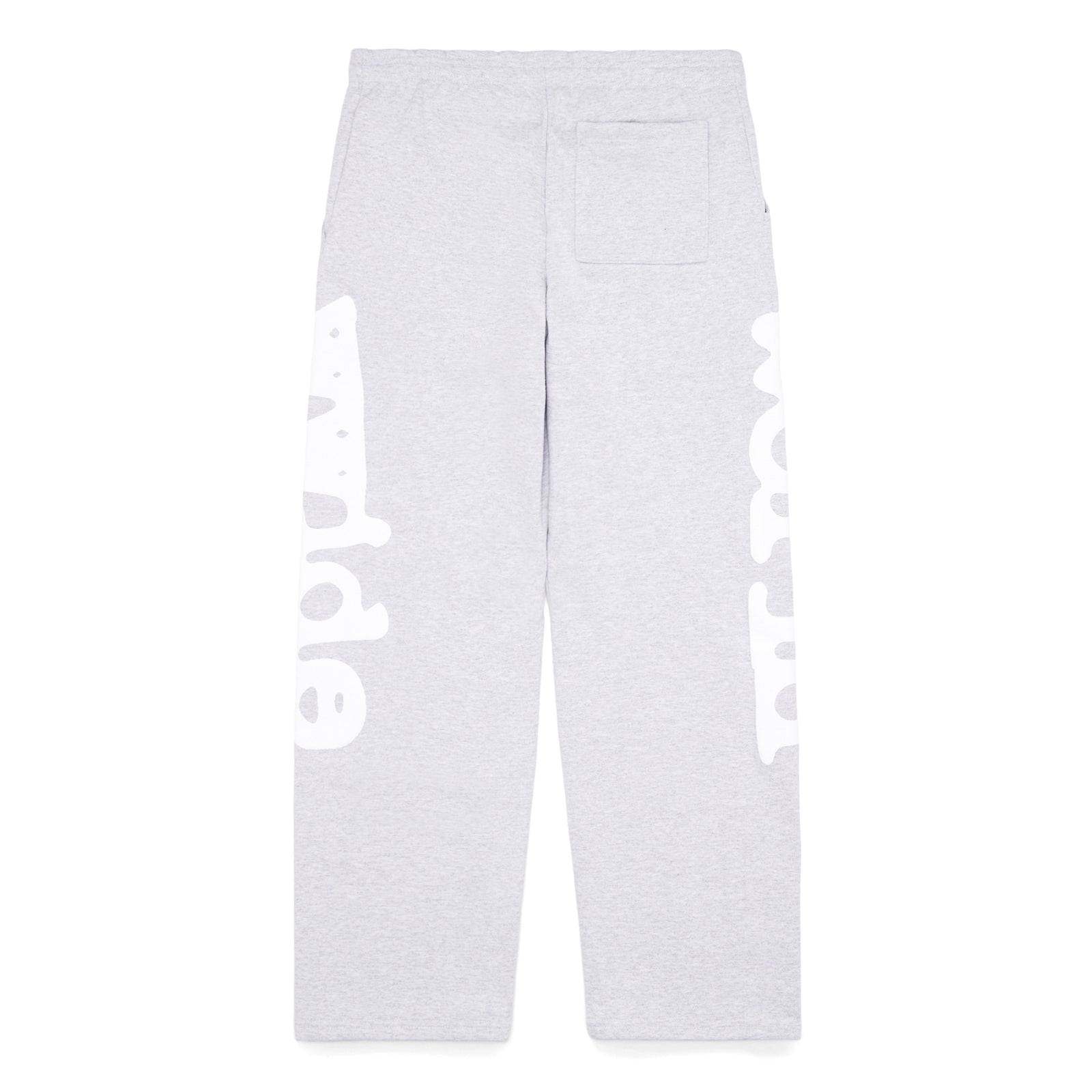 Light grey 23oz fleece straight leg sweatpants with white "Worldwide" puff print down both legs.