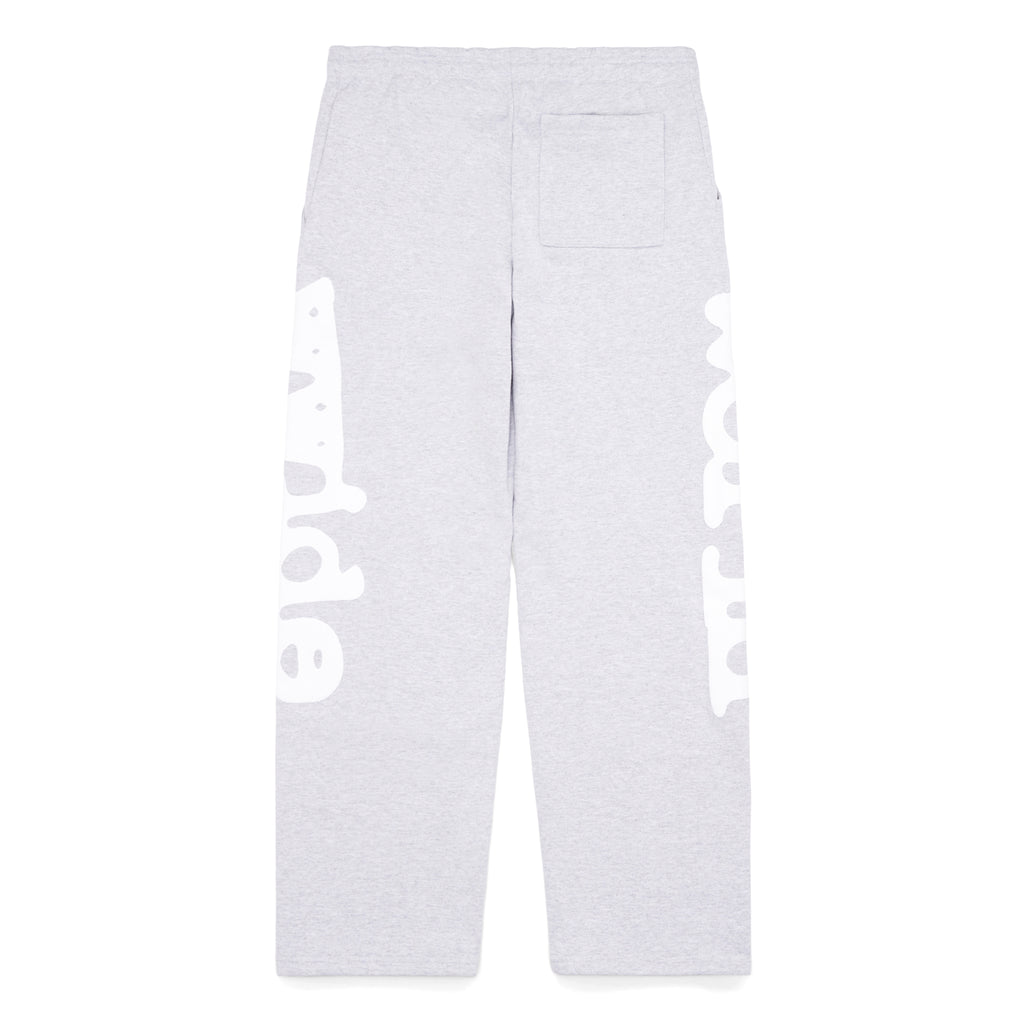 Light grey 23oz fleece straight leg sweatpants with white "Worldwide" puff print down both legs.