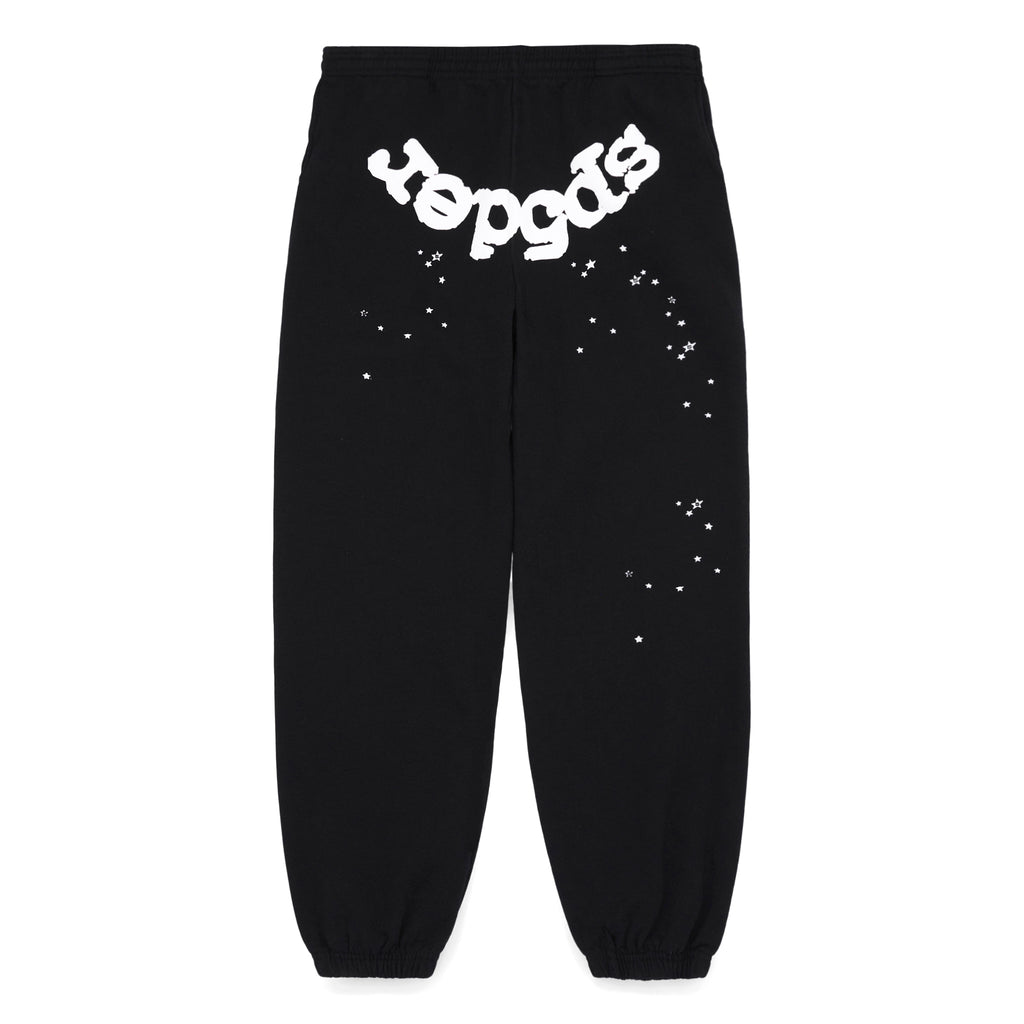 Black OG Web Sweatpant with white puff print "spider" text and scattered star print.
