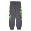 Slate grey Beluga sweatpants with bright green "Worldwide" puff print down both legs.