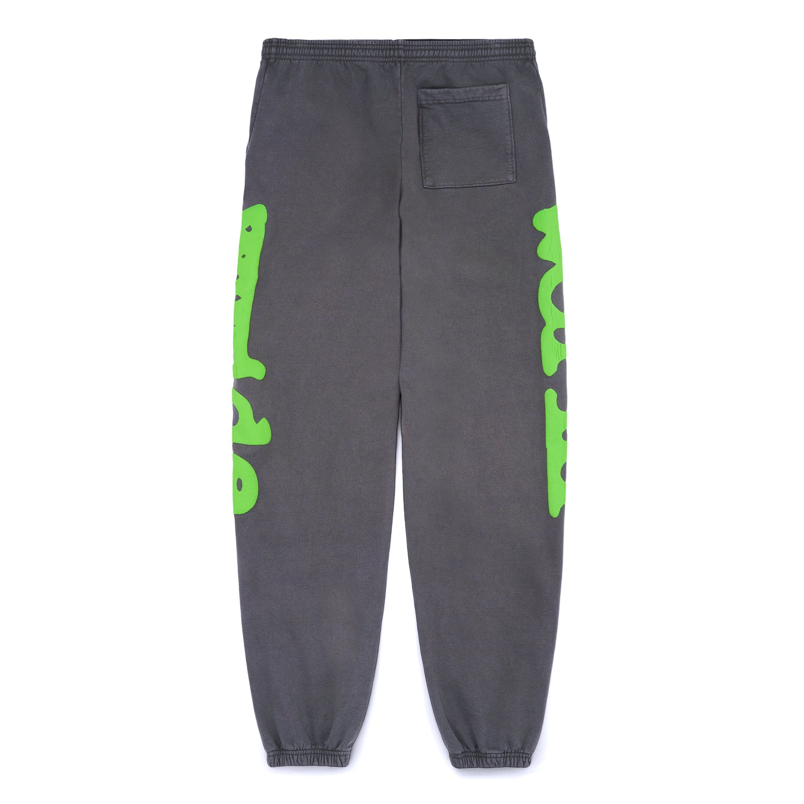 Slate grey Beluga sweatpants with bright green "Worldwide" puff print down both legs and a back pocket.