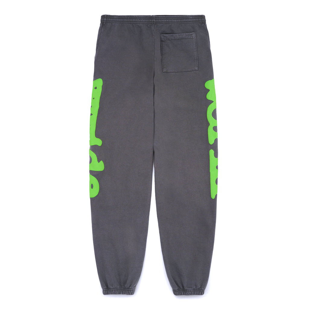 Slate grey Beluga sweatpants with bright green "Worldwide" puff print down both legs and a back pocket.