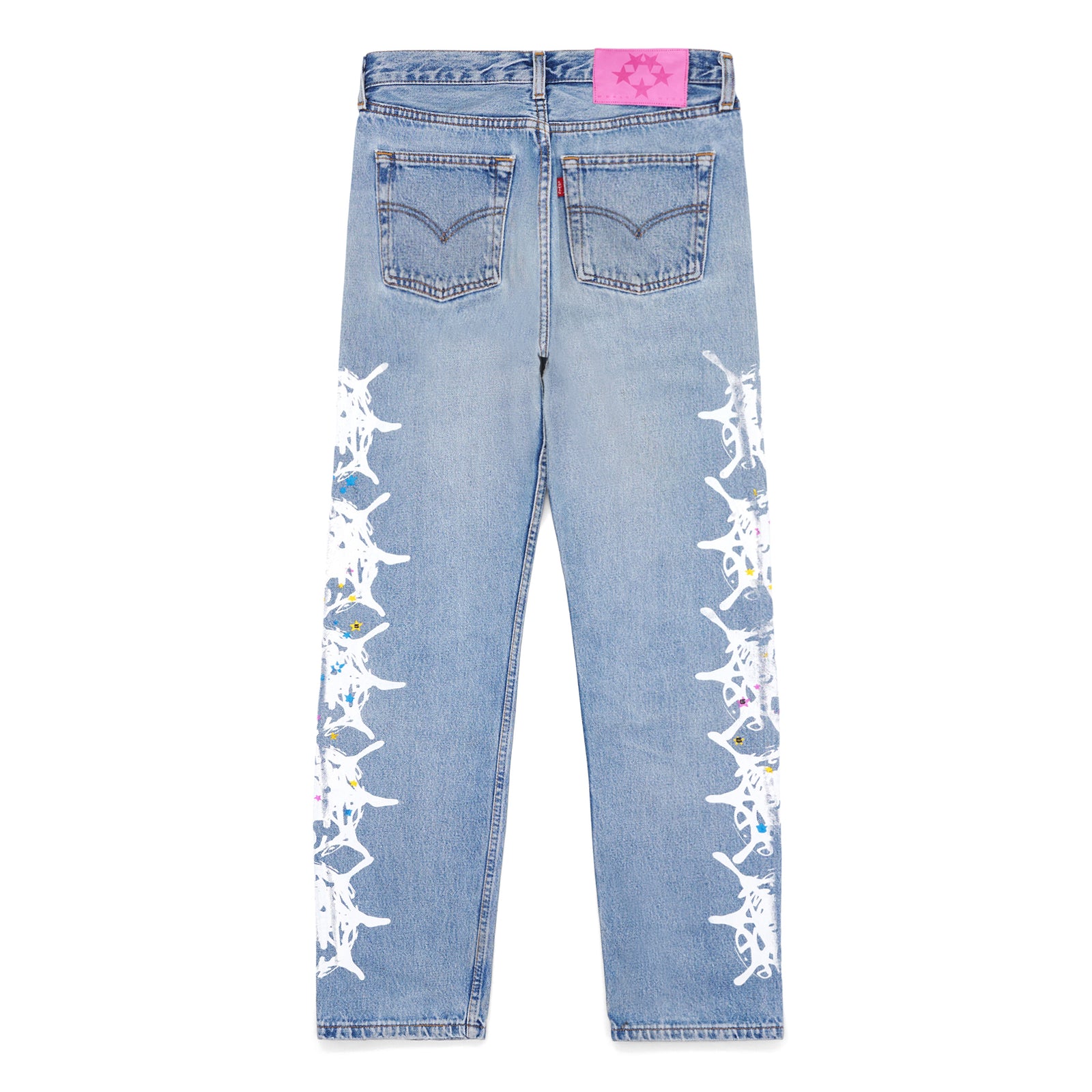 Vintage Levi's 501 denim jeans with a pink leather SP5DER back tab and white contrast web design down each leg.