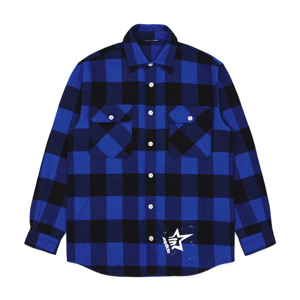 Blue and black plaid flannel shirt with spread collar, chest patch pockets, and white "5" graphic.