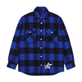 Blue and black plaid flannel shirt with spread collar, chest patch pockets, and white "5" graphic.