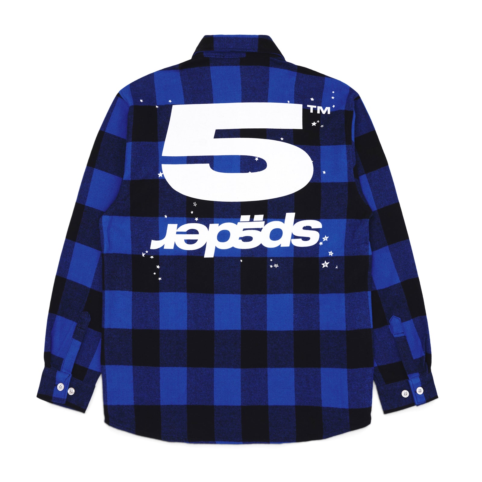 Back of a blue and black plaid flannel shirt with a large white "5" and upside-down text.