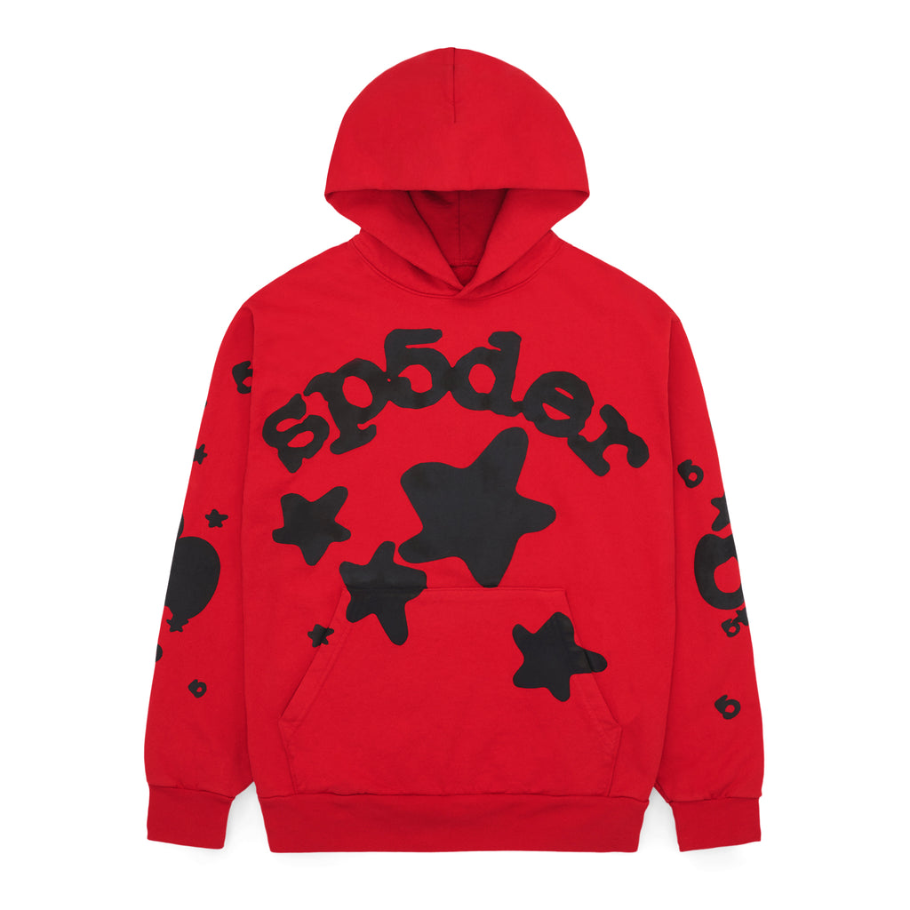 Red Beluga Hoodie with black "sp5der" text and star puff/discharge prints.