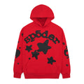 Red Beluga Hoodie with black "sp5der" text and star puff/discharge prints.