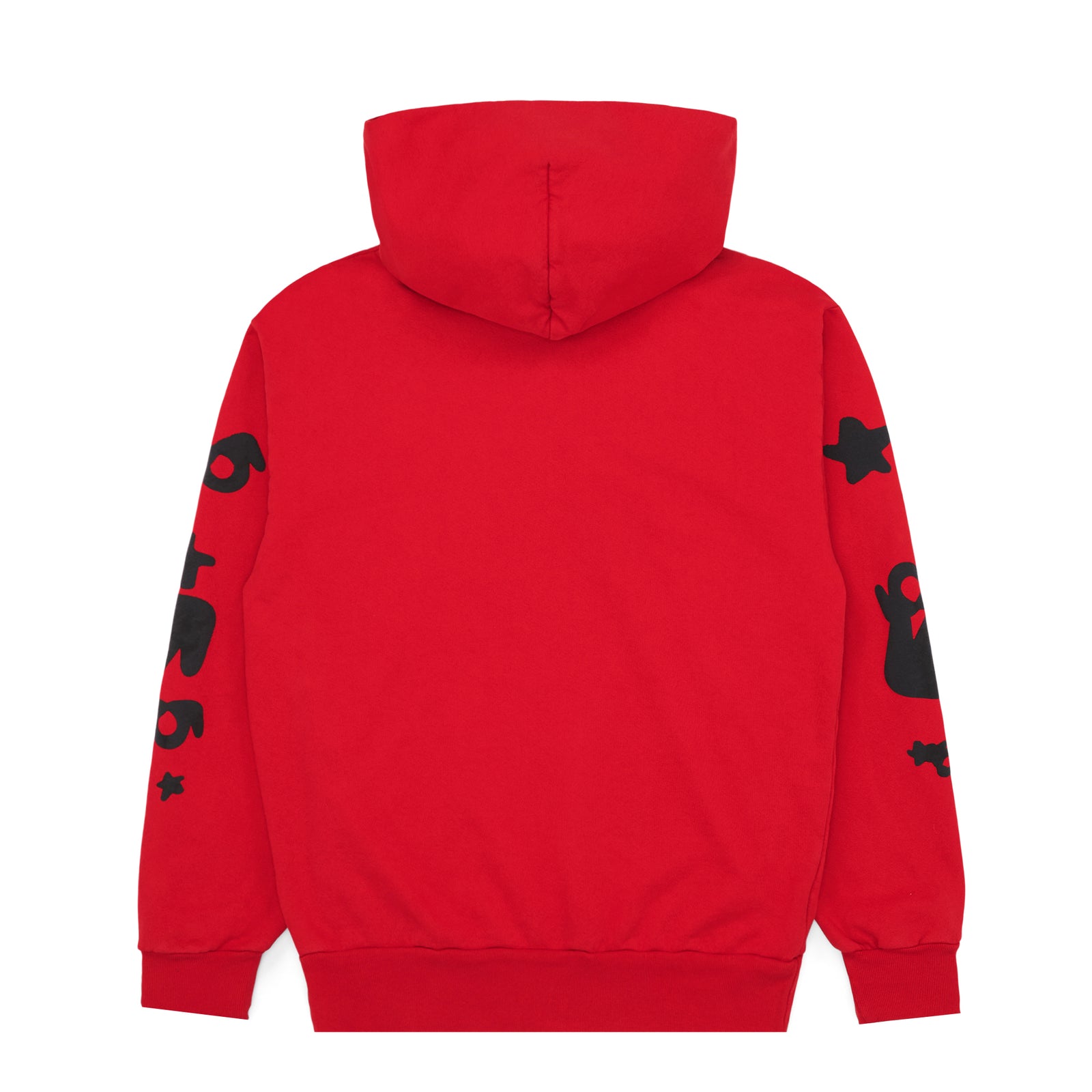 Red Beluga Hoodie, 23oz fleece, with black puff print 'SP5DER' and star design on sleeves.