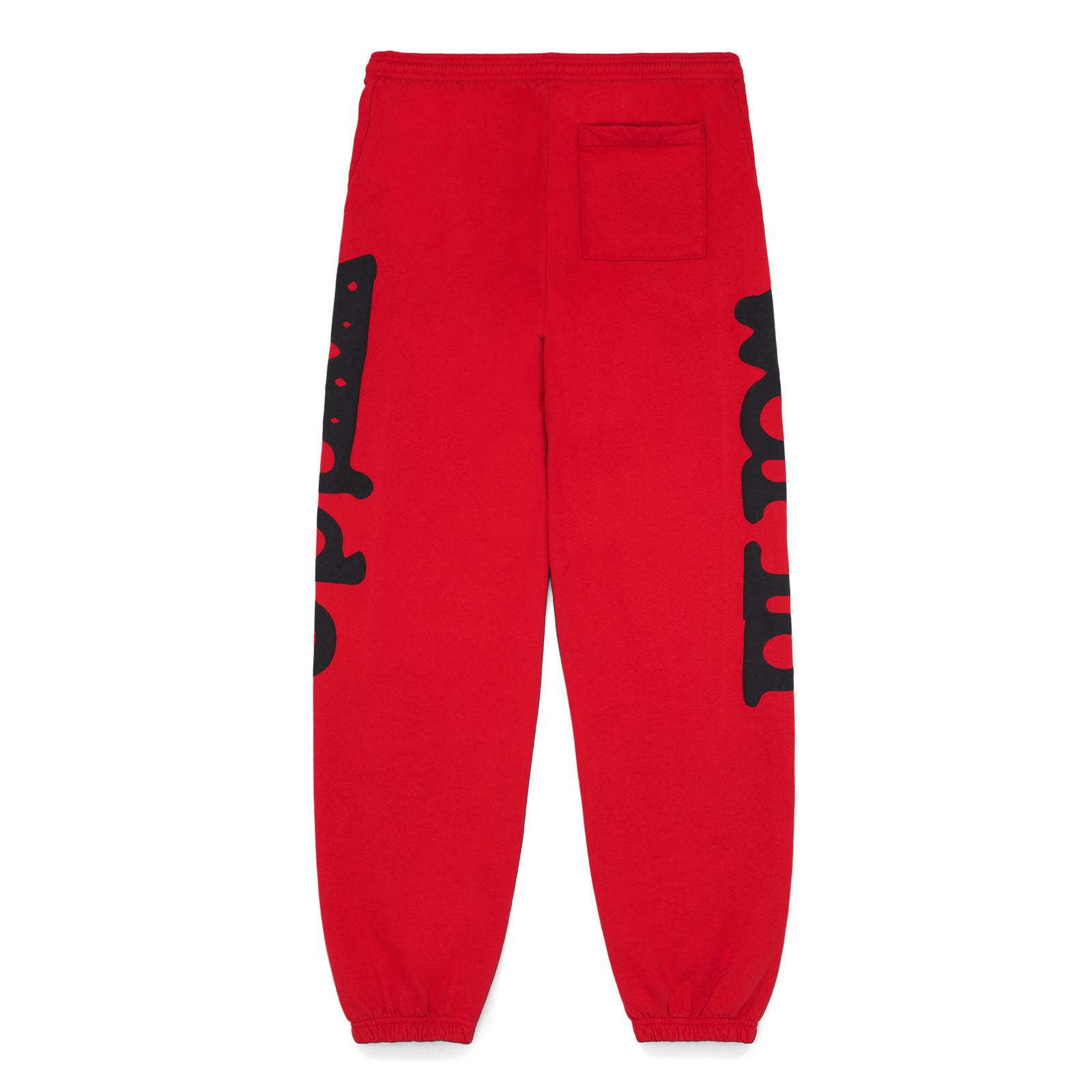 Red Beluga sweatpants with "Worldwide" puff print down both legs and a back pocket.