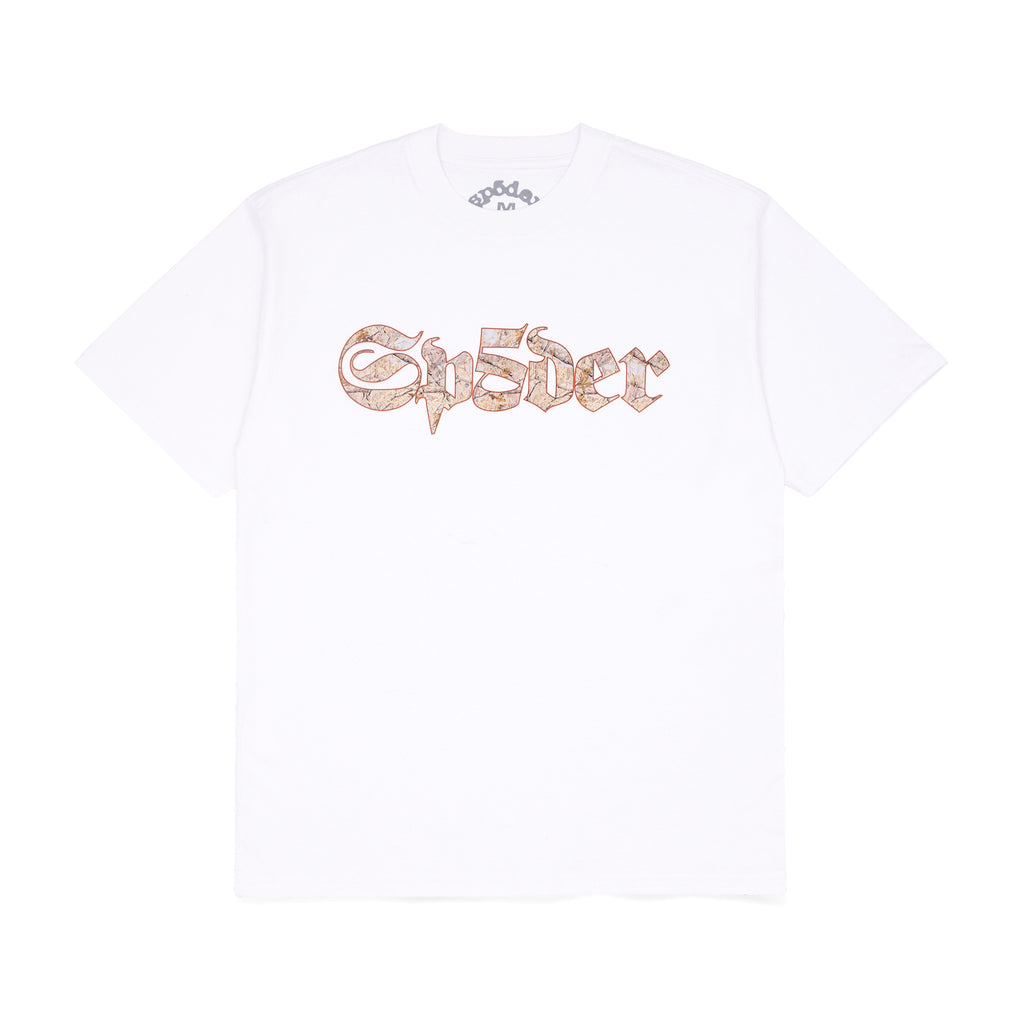 White 100% cotton tee with a brown graphic "Sh5der" print on the front.