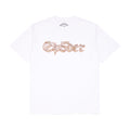 White 100% cotton tee with a brown graphic "Sh5der" print on the front.